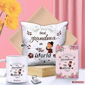 Exclusive Gifts for Grandparents: Show Your Love with Thoughtful Gifts! Best Grandma Ever Gift Set: Cushion, Mug, Key Chain & Card | Perfect for Grandparents’ Day!