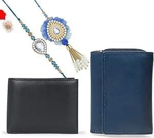 Kaameri Bazaar Rakhi Gift Set: Blue Wallet for Bhabhi, Black Wallet for Bhaiya with Kundan Rakhi – Perfect Combo!