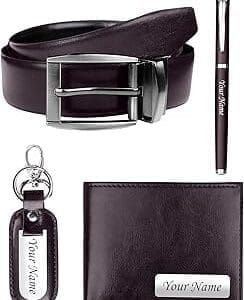 Personalized Men’s Essentials: Vegan Leather Wallet, Pen, Key Chain & Belt Set