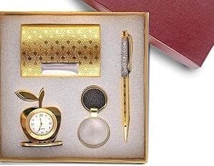 Luxury Corporate Gift Set: Lavanaya Silver 4-in-1 with Clock, Keychain, Card Holder & Crystal Pen