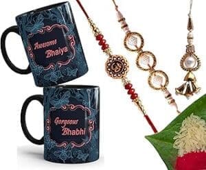 Stylish Rakhi Gift Combo: Bhumiyaan Black Coffee Mug & Designer Rakhi for Bhaiya and Gorgeous Bhabhi!