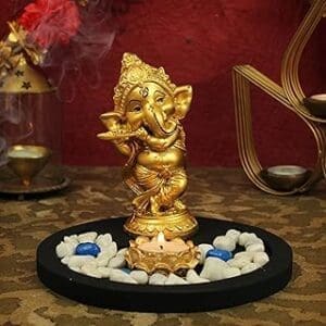 Divine Diwali Gift Set: Ganesha Statue with Tealight Holder and Colorful Stones