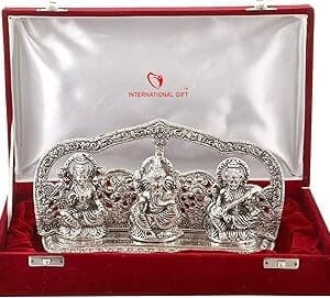 Sacred Trio: Silver Plated Laxmi Ganesh Saraswati Idol Statue Gift Set