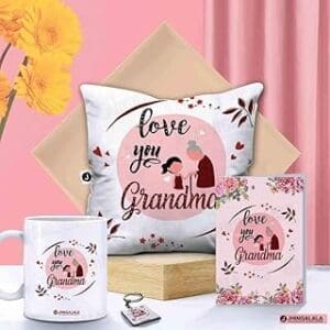 Grandma’s Delight: Love You Grandma Gift Set | Cushion, Mug, Key Chain & Card | Perfect for Birthday or Grandparents’ Day
