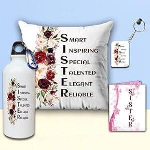 Sisterly Love Bundle: Keyring, Sipper Bottle, Cushion & Card – Perfect Gift for Sister!