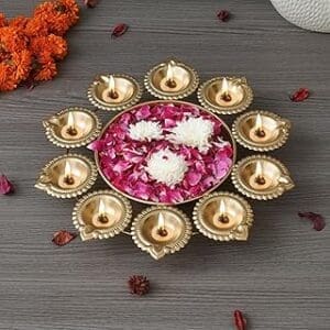 Golden Metal Handcrafted Urli with Diyas – Perfect Diwali Gift for Home Decor!