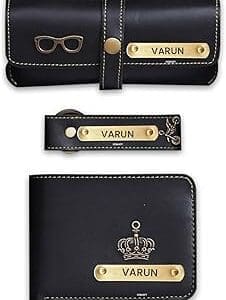 Luxury Personalised Leather Men Combo | 3 Pc Set – Wallet, Eyewear, Keychain | Perfect Gift for Him | Birthday or Anniversary Gift (Black)